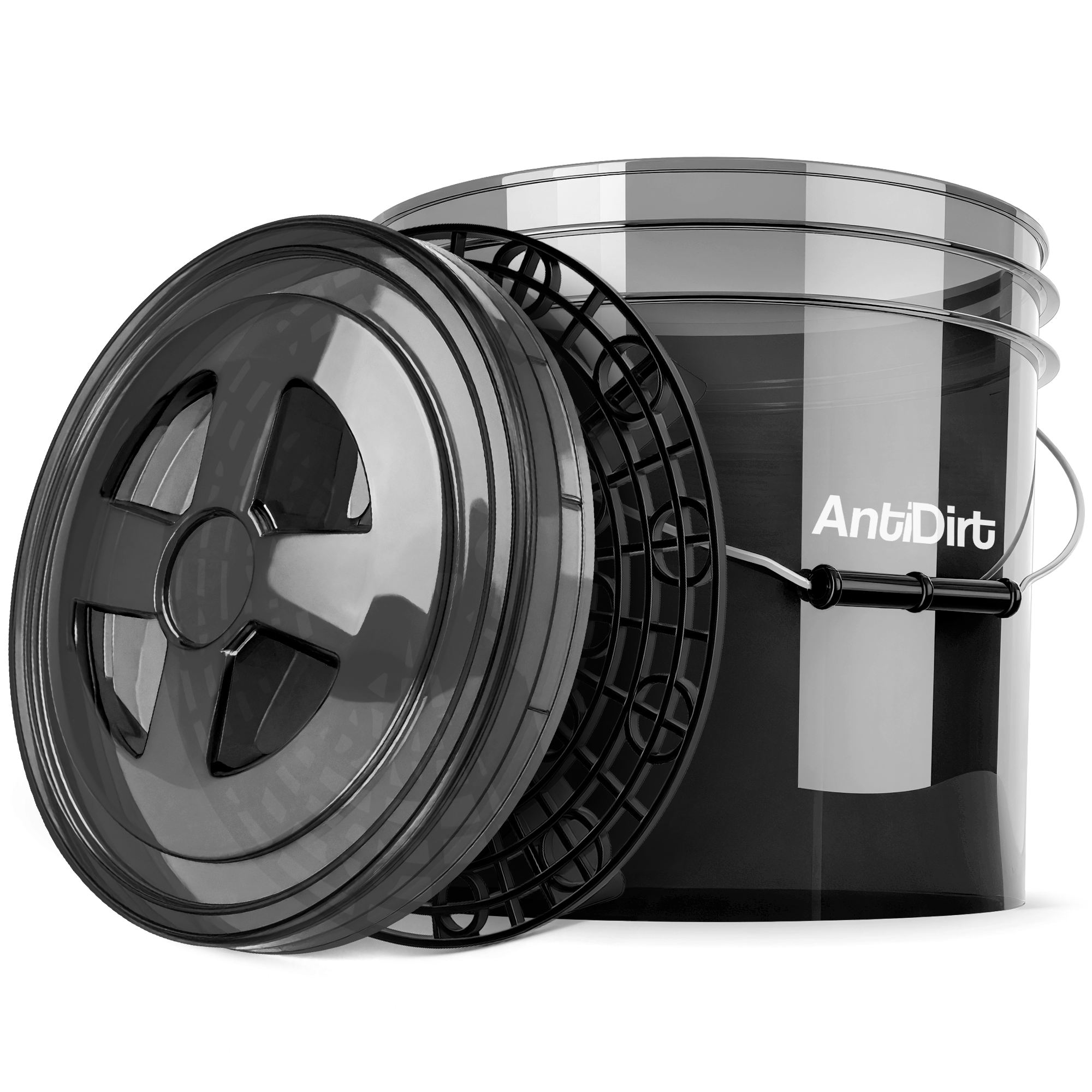 AntiDirt Premium CarWashBucket Wascheimer 3,5GAL transparent mit BucketLid Deckel und X-Trap Schmutzfalle